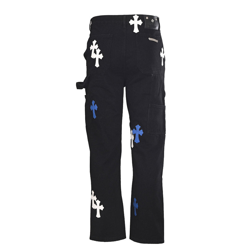 Chrome Hearts Cross Patch Embroidery Jeans - Black with Blue and White - back view