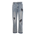 Chrome Hearts Cross Patch Embroidery Jeans - Light Blue with Black - front view