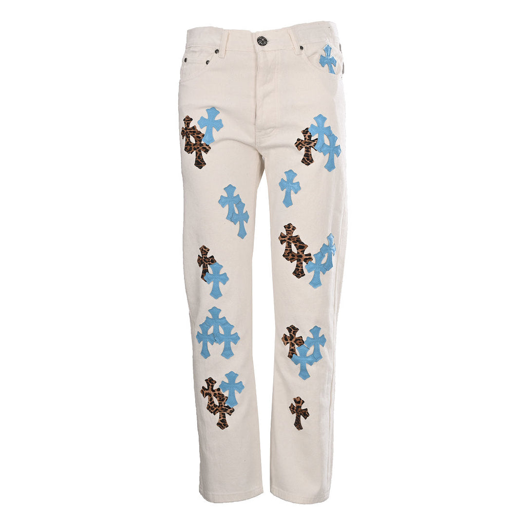 Chrome Hearts Cross Patch Embroidery Jeans - White with Blue and Black - front view