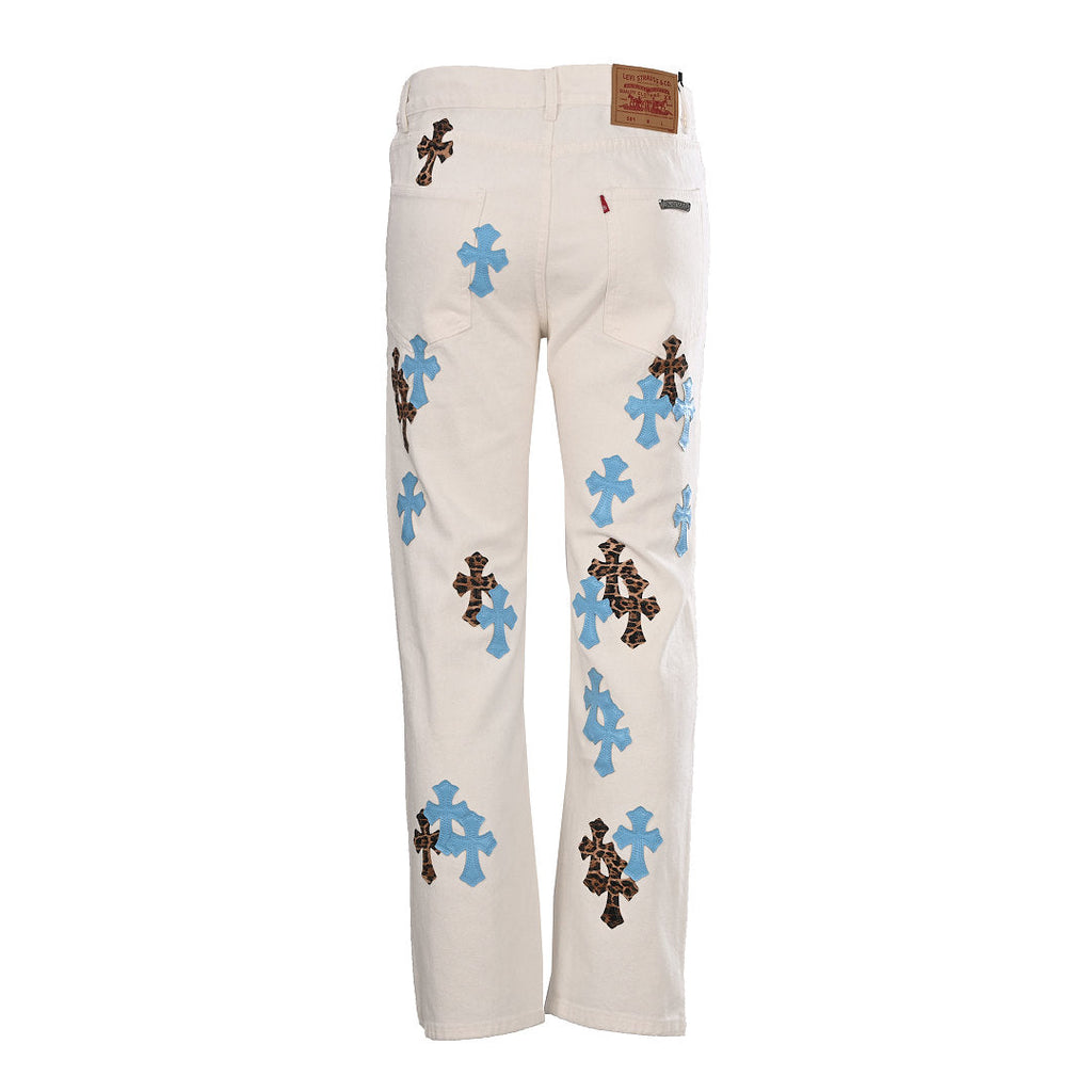 Chrome Hearts Cross Patch Embroidery Jeans - White with Blue and Black - back view