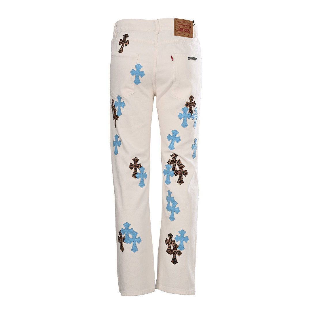 Chrome Hearts Cross Patch Embroidery Jeans - White with Blue and Black - back view