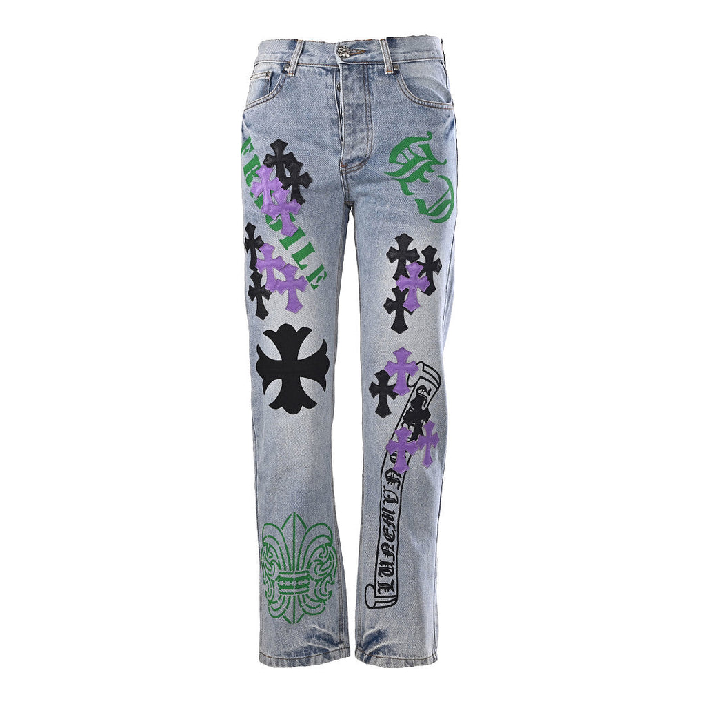Chrome Hearts Cross Patch Embroidery Jeans - Light Blue and Multicolor - front view