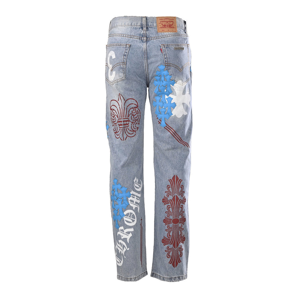 Chrome Hearts Cross Patch Embroidery Jeans - Light Blue with Red and Blue - back view