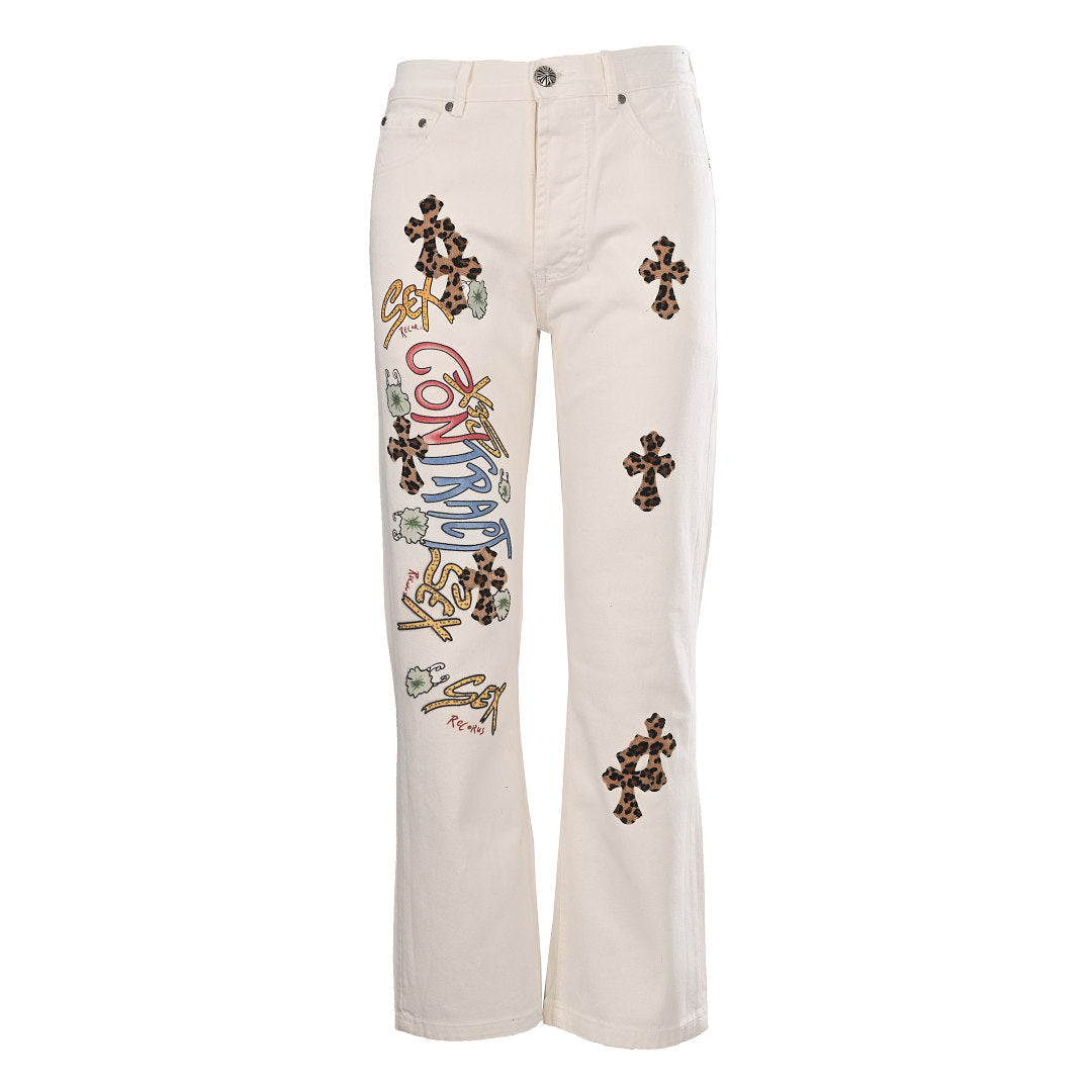 Chrome Hearts Cross Patch Embroidery Jeans - White with Brown - front view