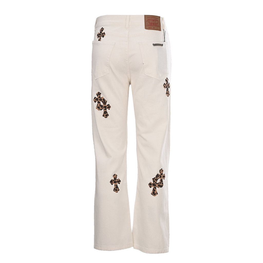 Chrome Hearts Cross Patch Embroidery Jeans - White with Brown - back view