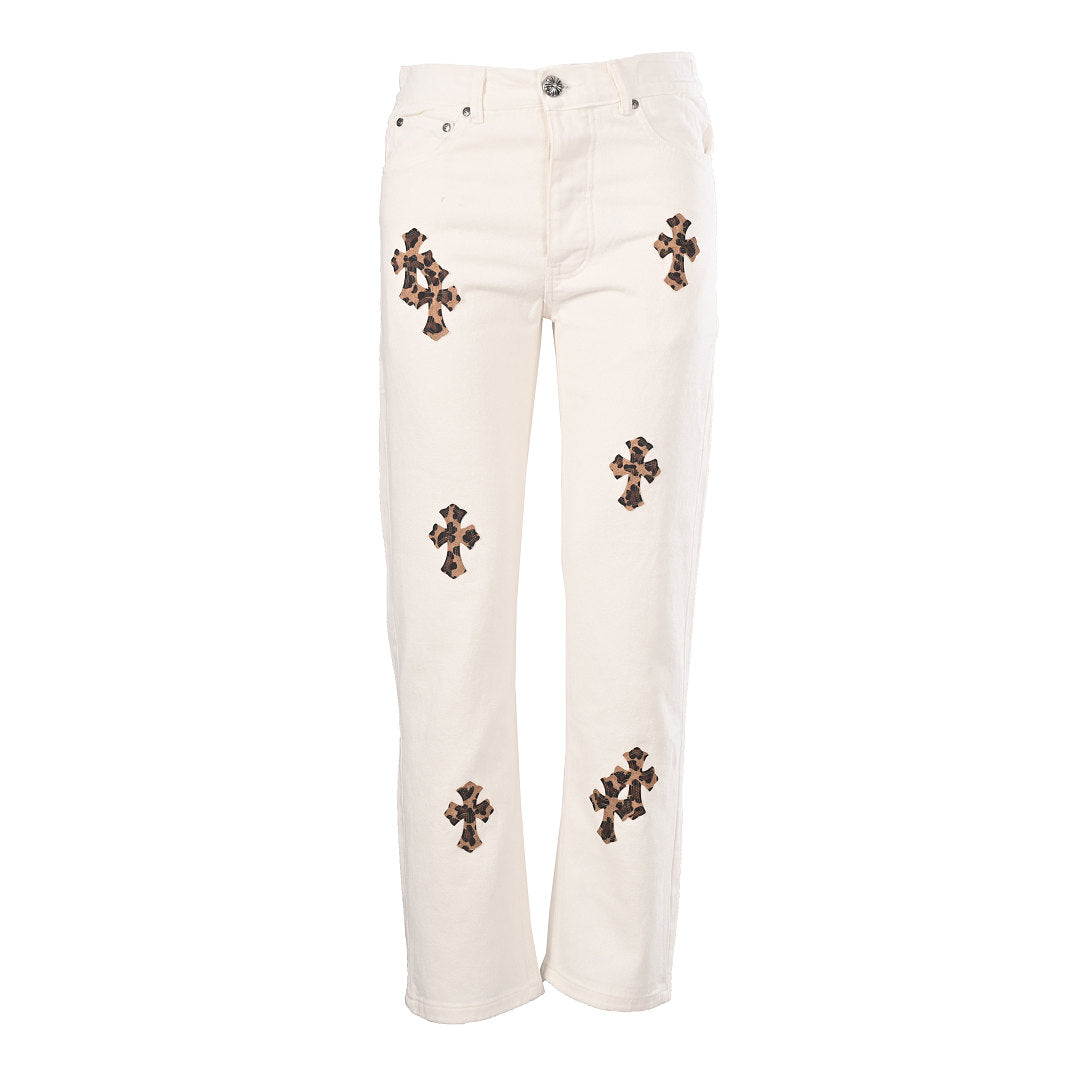 Chrome Hearts Cross Patch Embroidery Jeans - White - front view