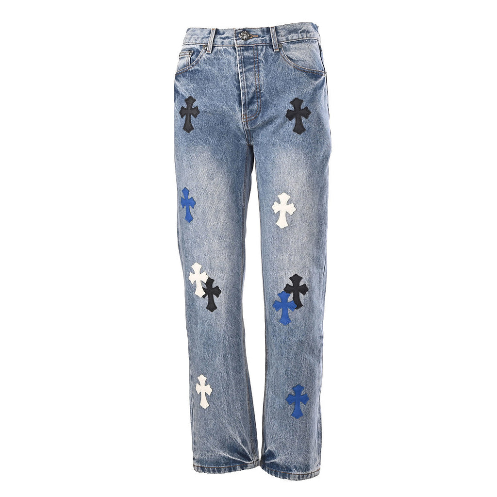 Chrome Hearts Cross Patch Embroidery Jeans - Light Blue with Black and White - front view