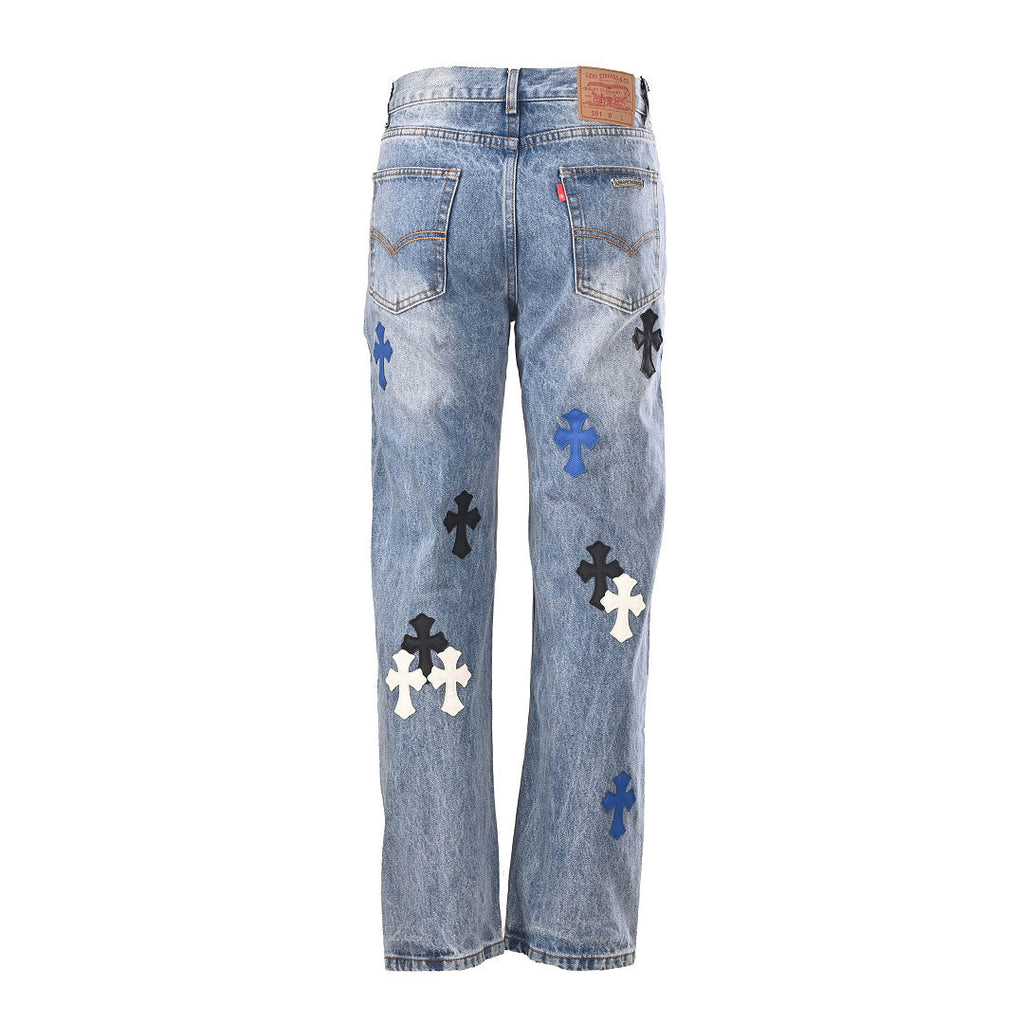 Chrome Hearts Cross Patch Embroidery Jeans - Light Blue with Black and White - back view