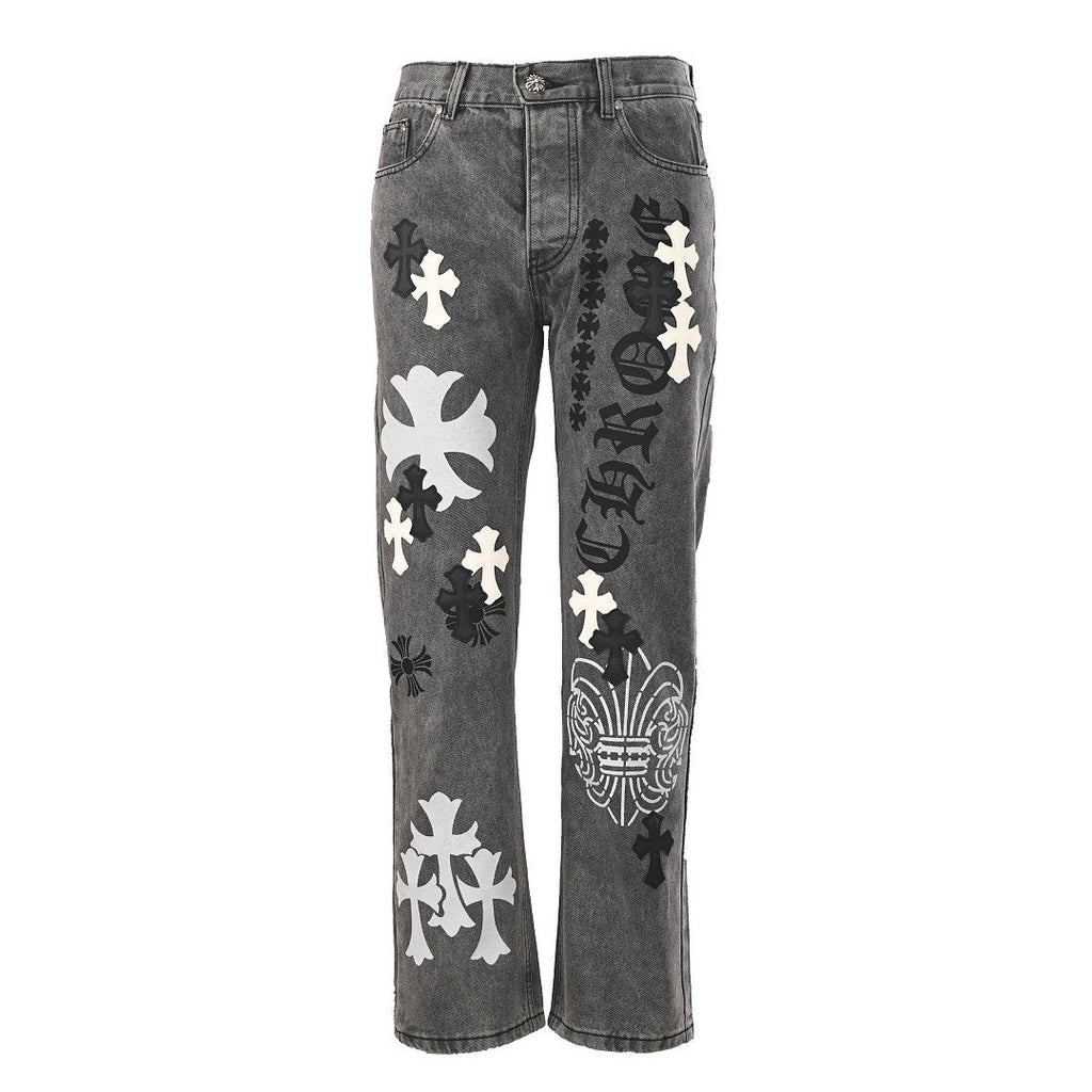 Chrome Hearts Cross Patch Embroidery Jeans - Gray with Black and White - front view
