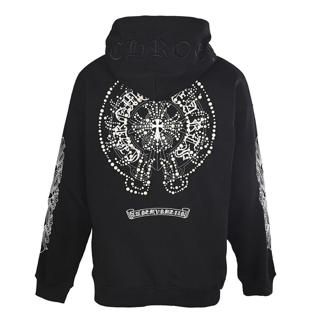 Chrome Hearts Pearl Cross Embroidery Pullover Hoodie - Black - back view