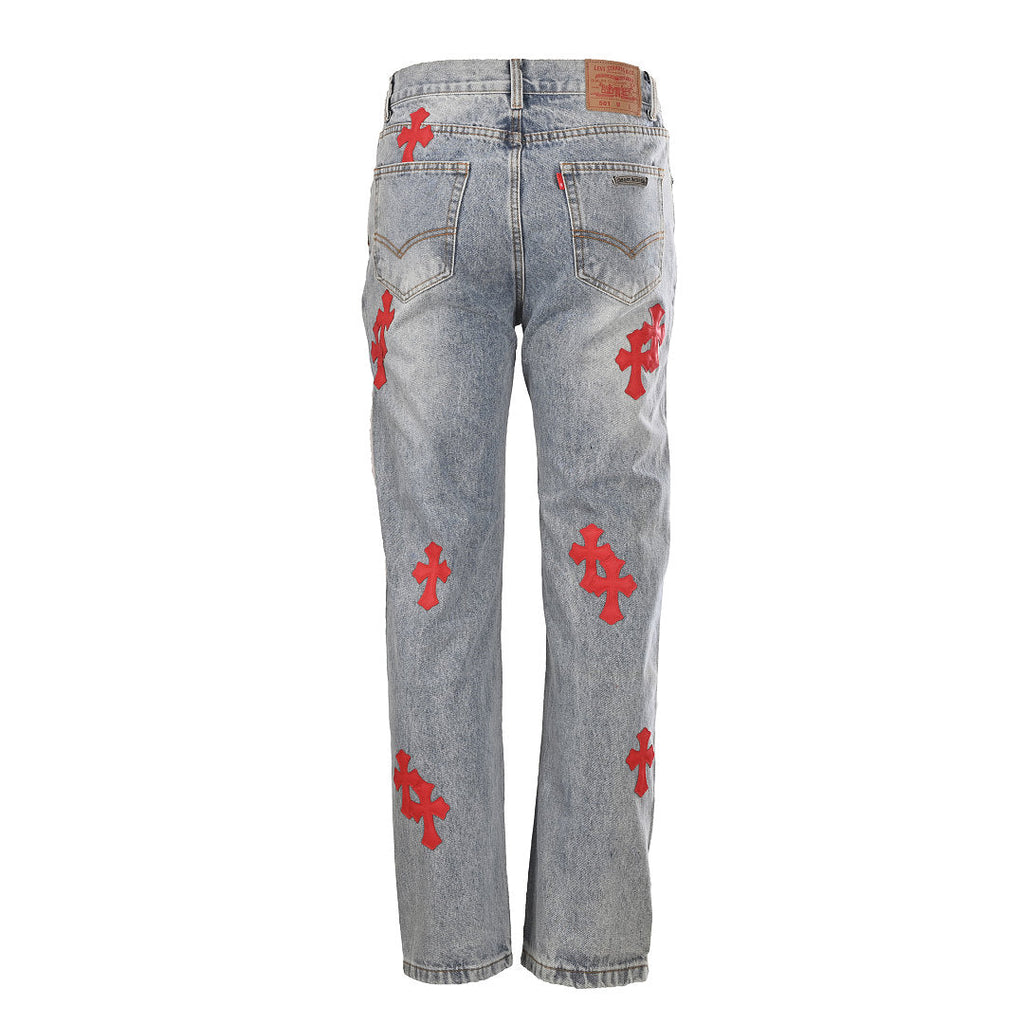 Chrome Hearts Cross Patch Embroidery Jeans - Light Blue with Red - back view