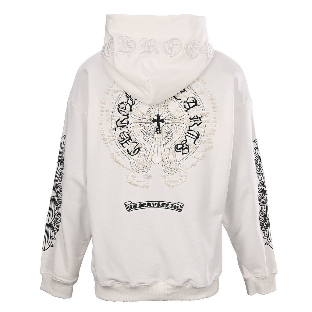 Chrome Hearts Pearl Cross Embroidery Pullover Hoodie - White - back view