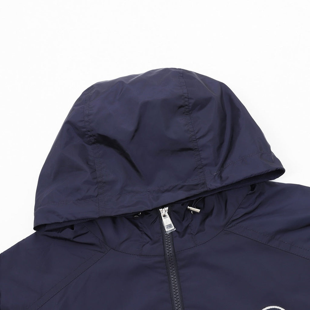 Moncler Stripe Badge Chest Logo Lightweight Hooded Windbreaker – Men’s, Navy Blue