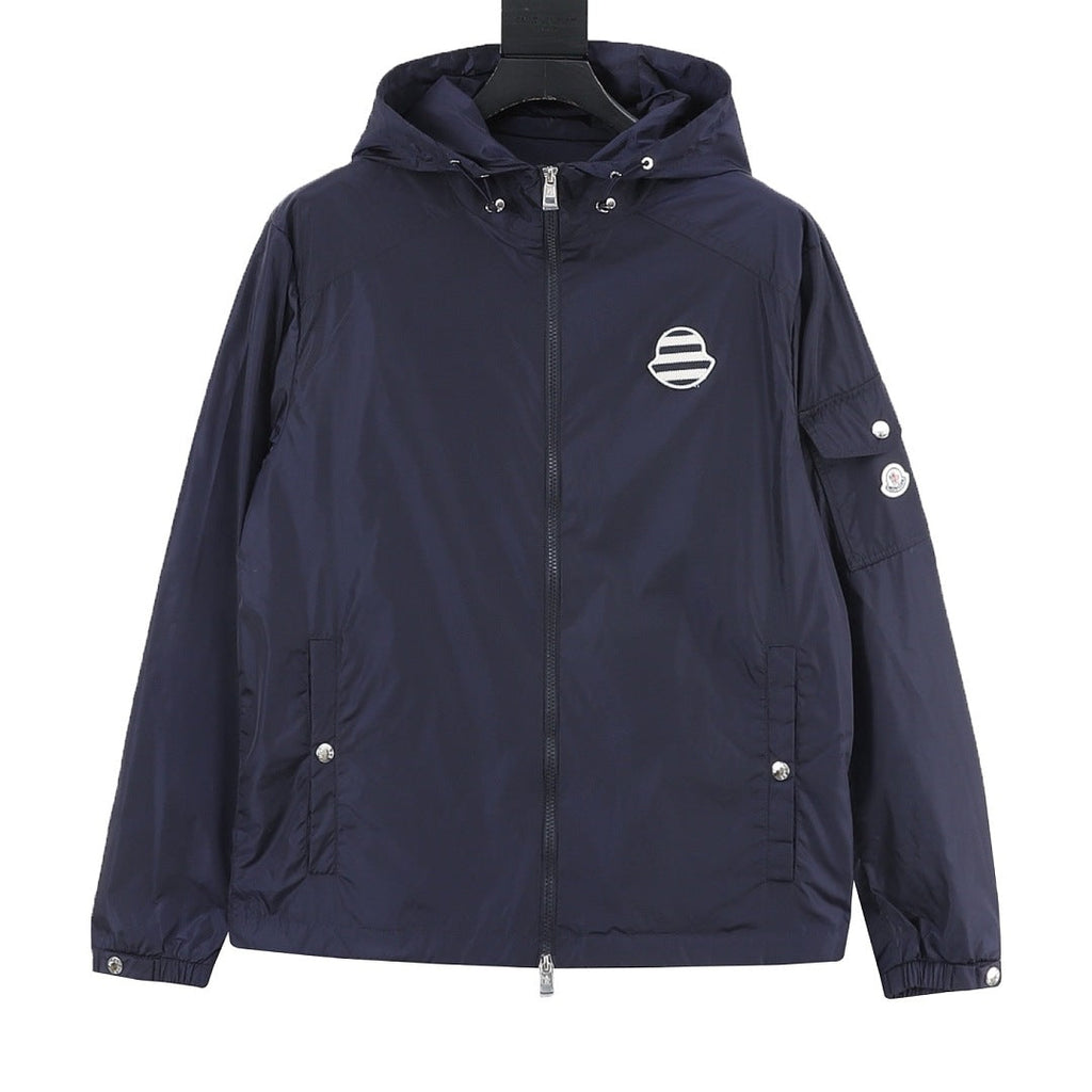 Moncler Stripe Badge Chest Logo Lightweight Hooded Windbreaker – Men’s, Navy Blue