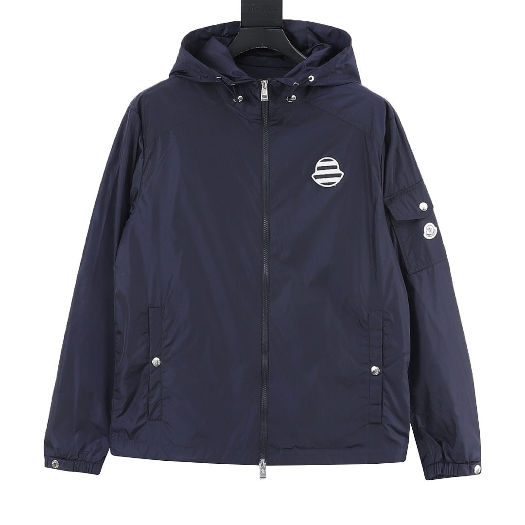 Moncler Stripe Badge Chest Logo Lightweight Hooded Windbreaker – Men’s, Navy Blue