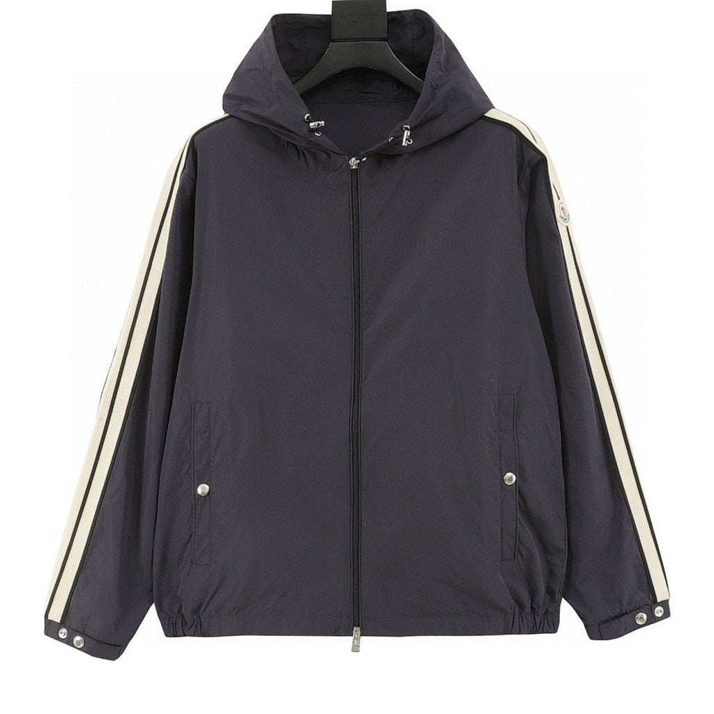 Moncler Striped-Sleeve Hooded Shell Jacket - Navy - front view