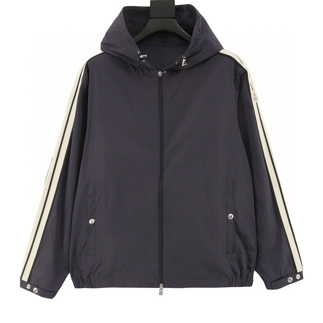 Moncler Striped-Sleeve Hooded Shell Jacket - Navy - front view