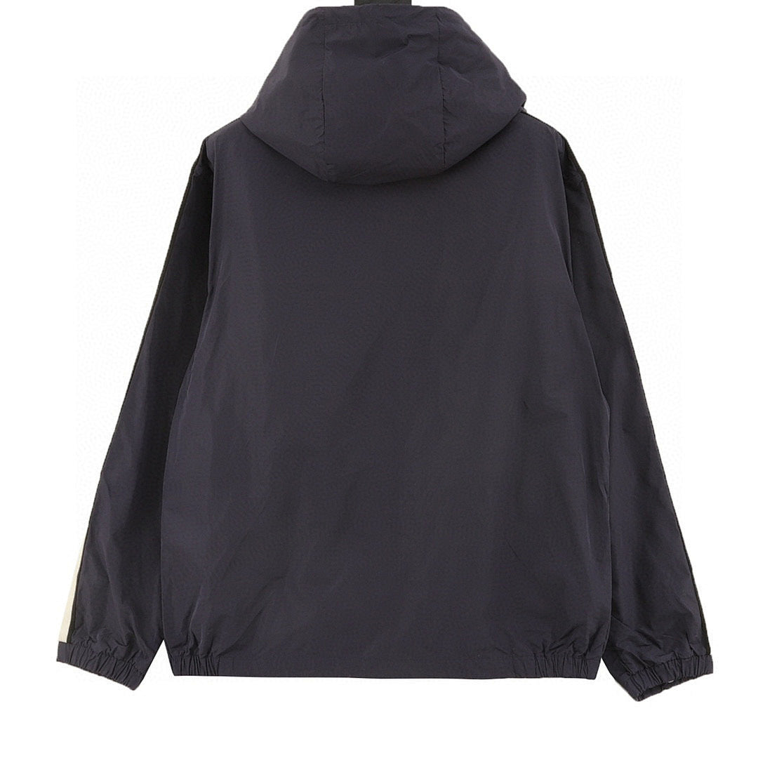 Moncler Striped-Sleeve Hooded Shell Jacket - Navy - back view