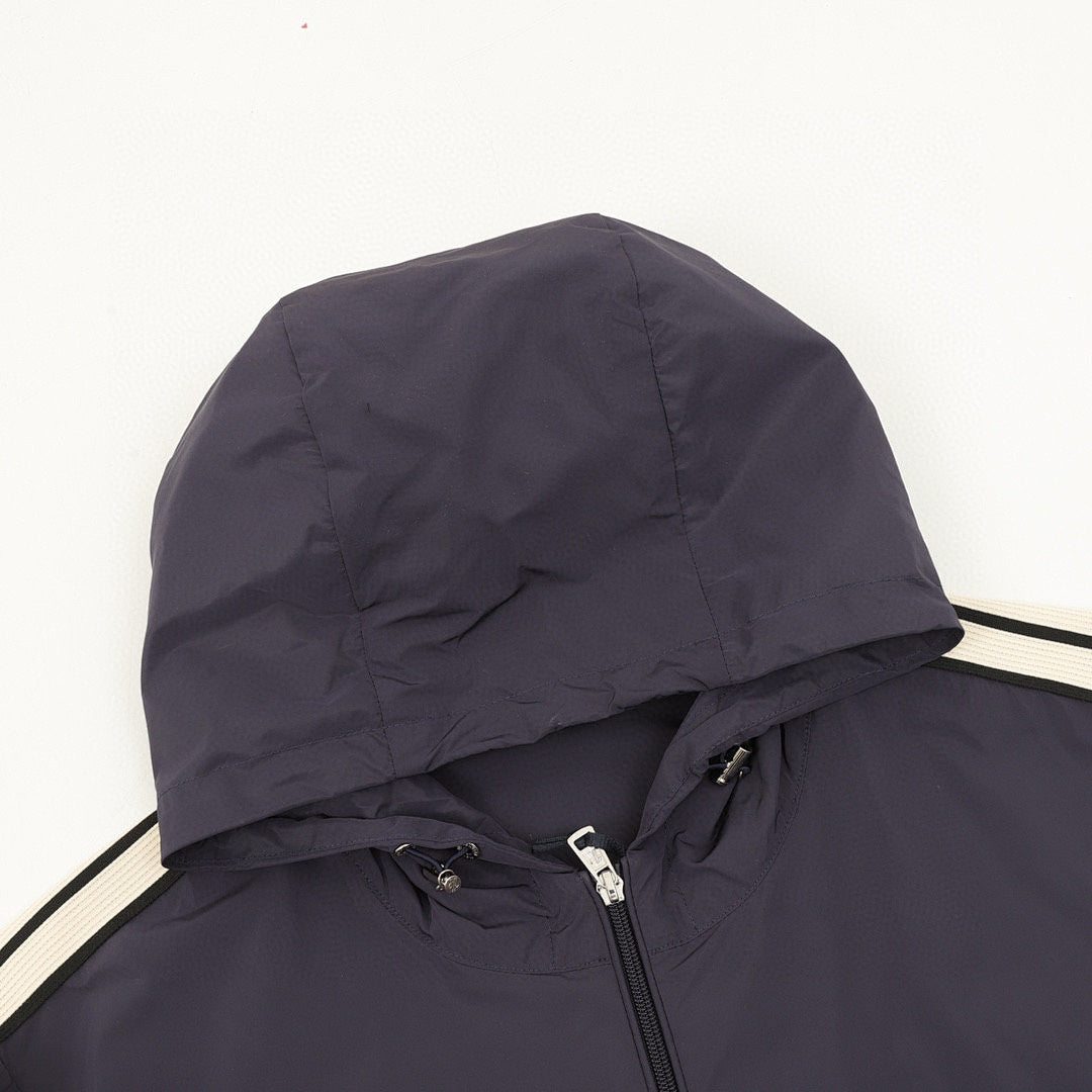 Moncler Striped-Sleeve Hooded Shell Jacket - Navy - detail 1