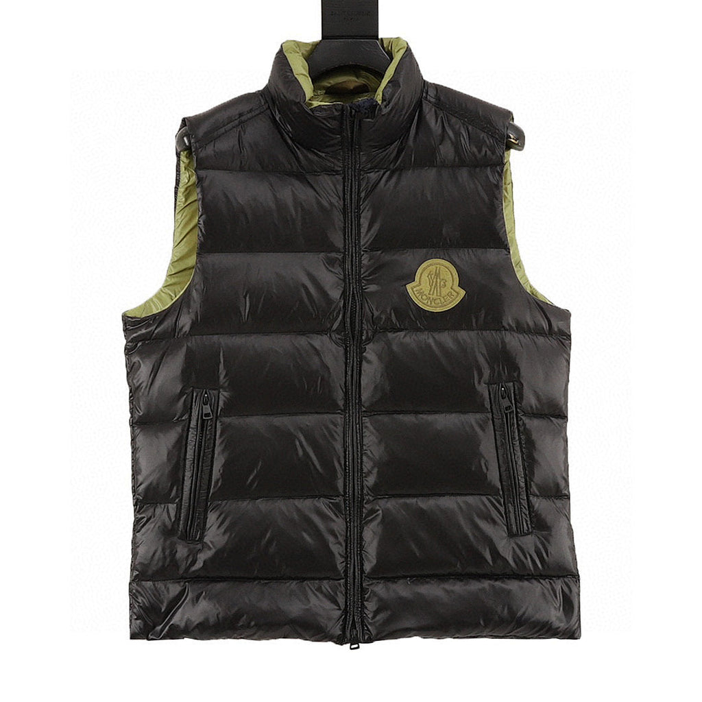 Moncler Contrast-Lined Glossy Down Vest - Black and Lime - front view
