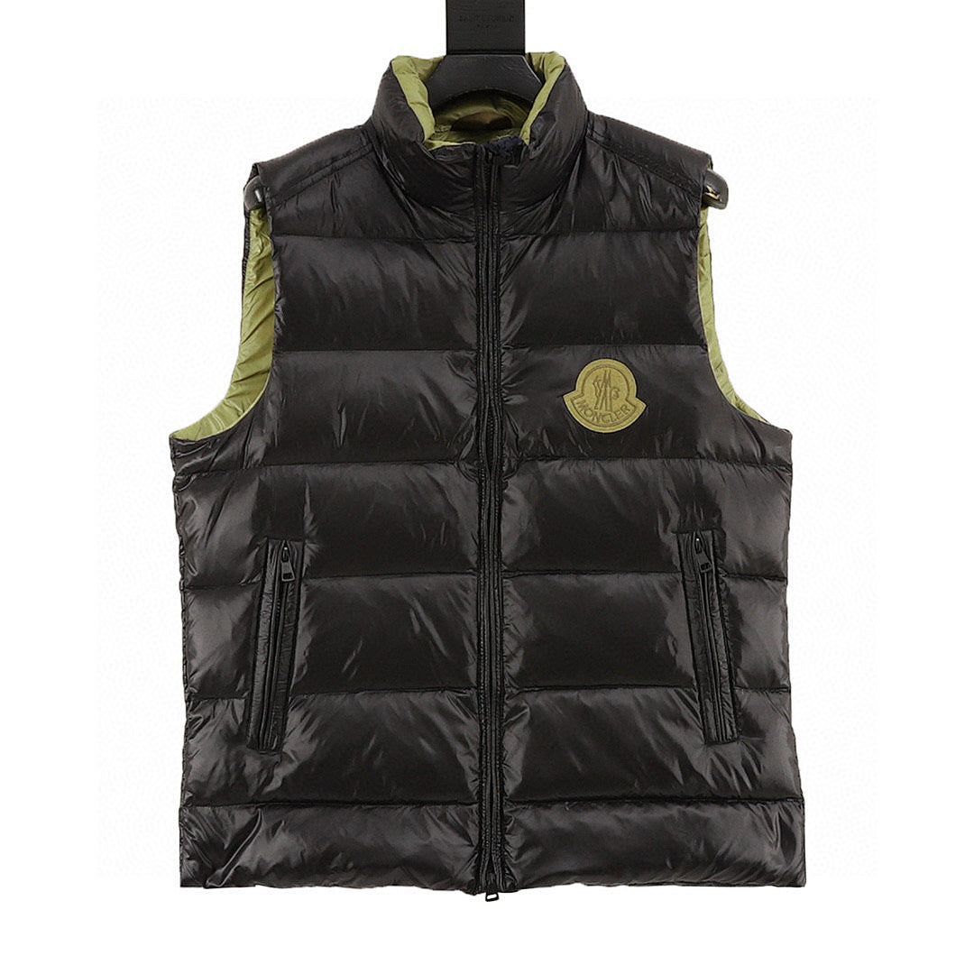 Moncler Contrast-Lined Glossy Down Vest - Black and Lime - front view