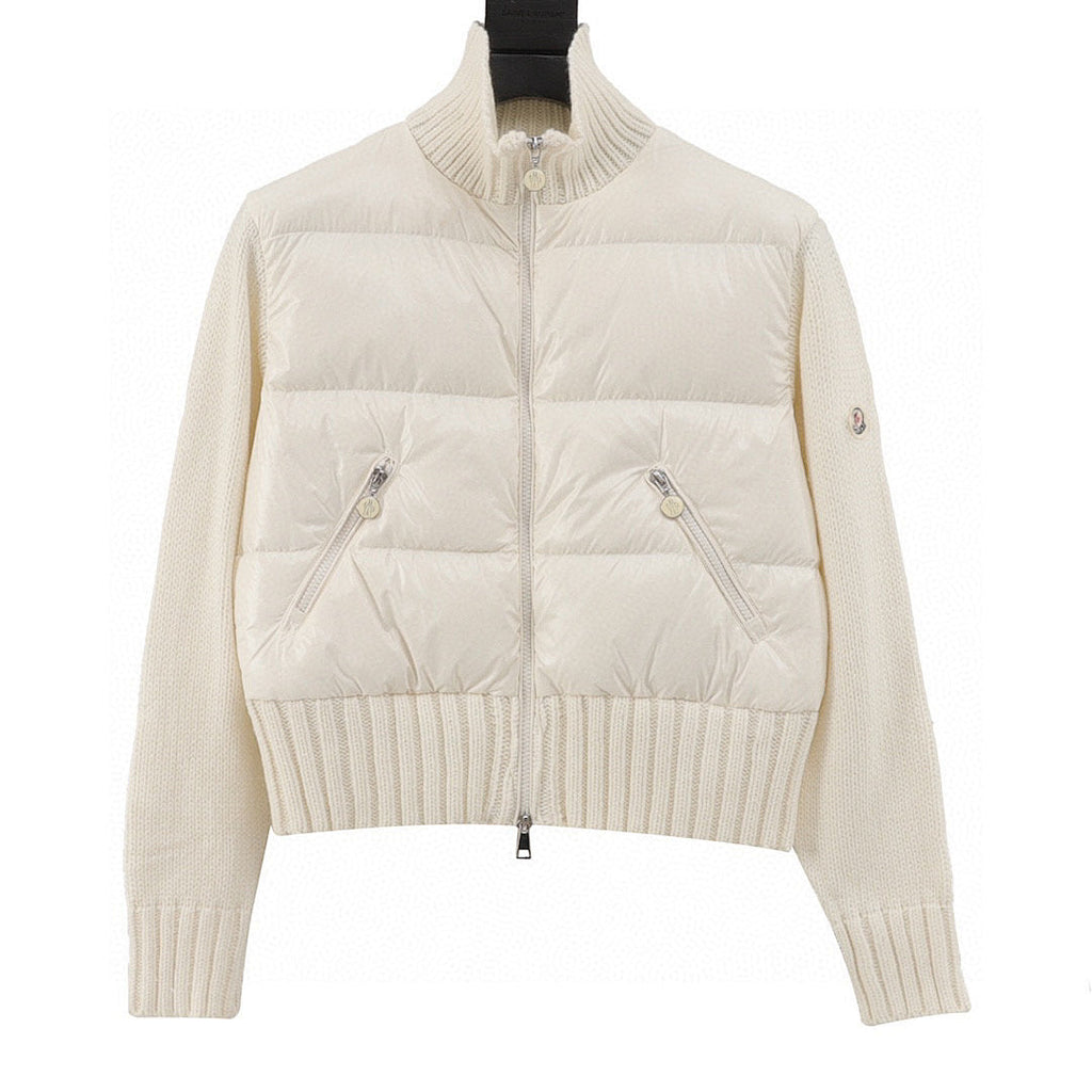 Moncler Cropped Knit-Sleeve Padded Jacket - Ivory - front view