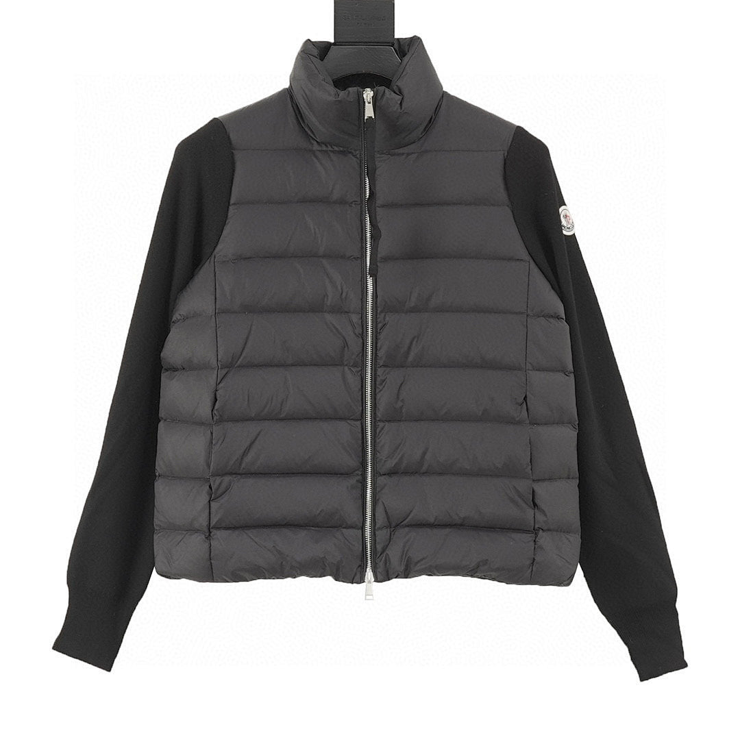 Moncler Stand-Collar Knit-Sleeve Padded Jacket - Black - front view