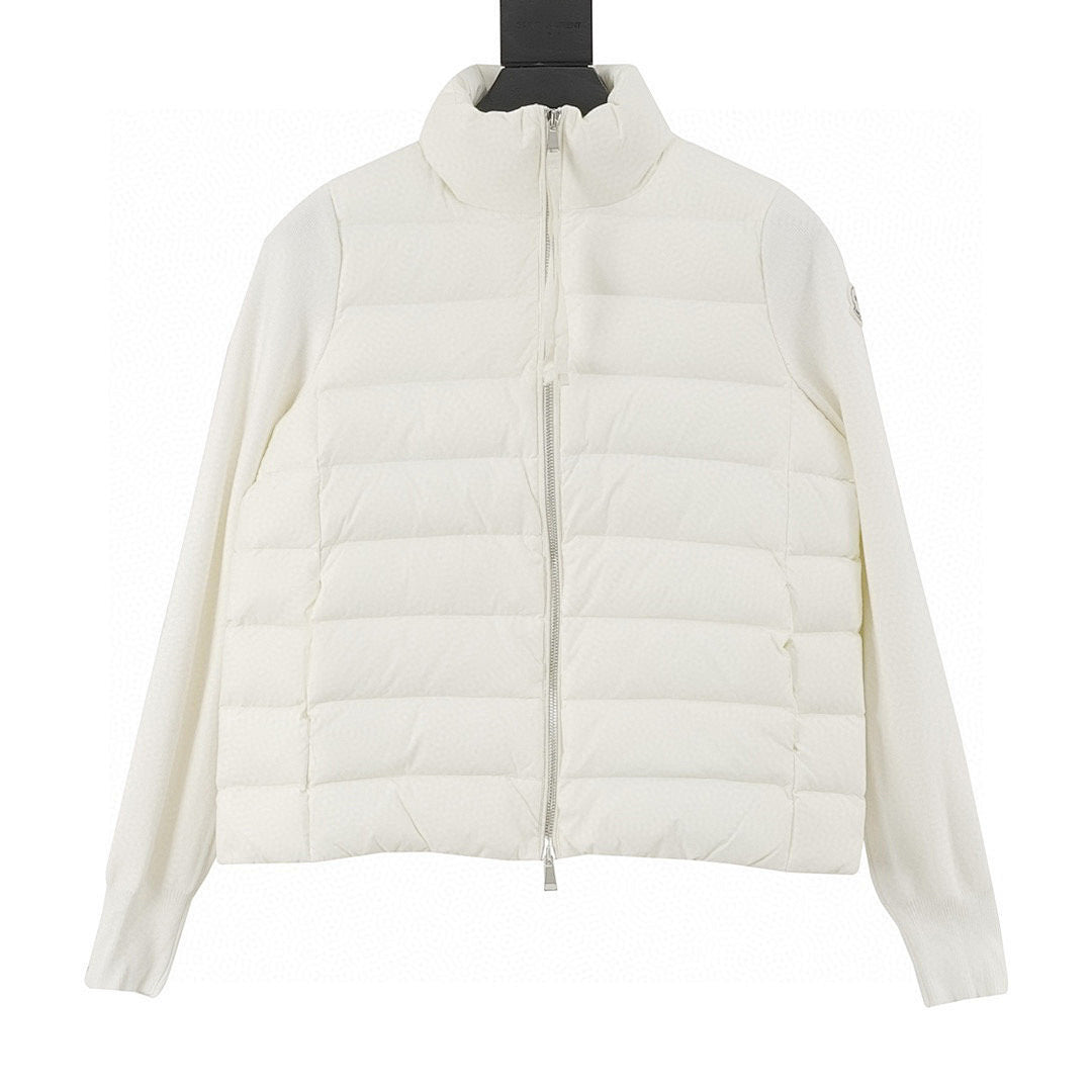 Moncler Stand-Collar Knit-Sleeve Padded Jacket - Ivory - front view