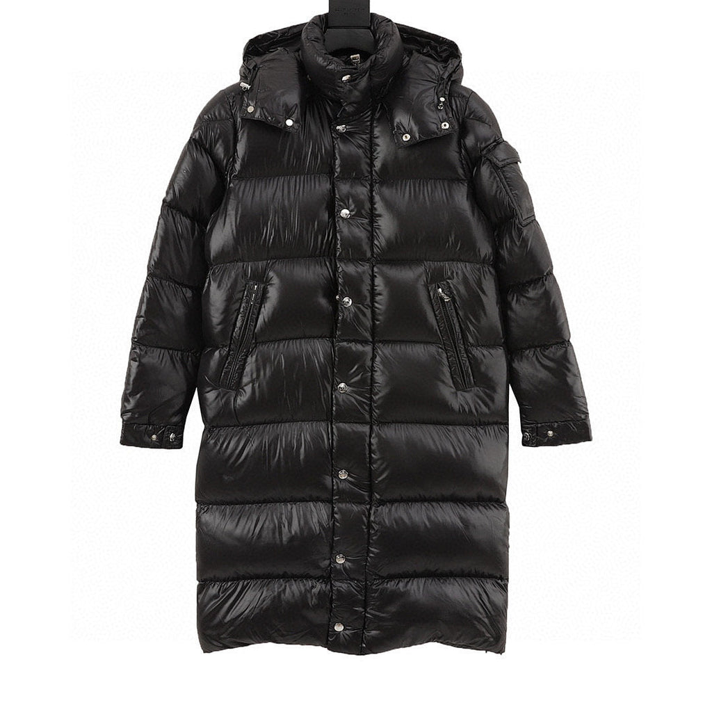 Moncler Maya Glossy Long Hooded Down Coat - Black - front view