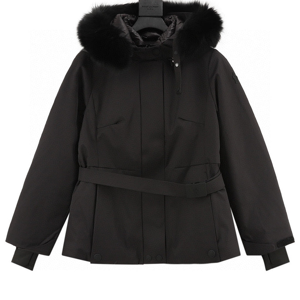 Moncler Bauges Belted Hooded Down Jacket - Black - front view