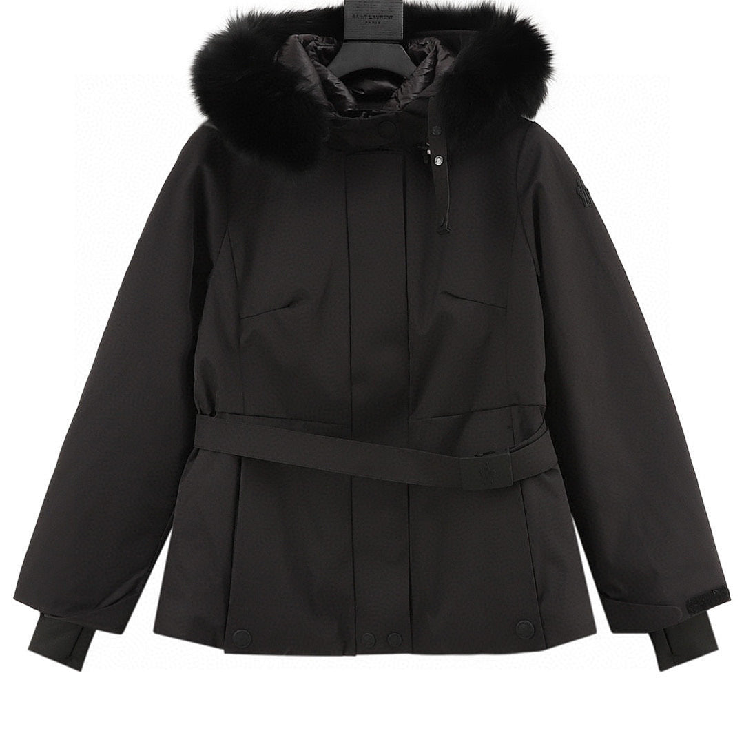 Moncler Bauges Belted Hooded Down Jacket - Black - front view