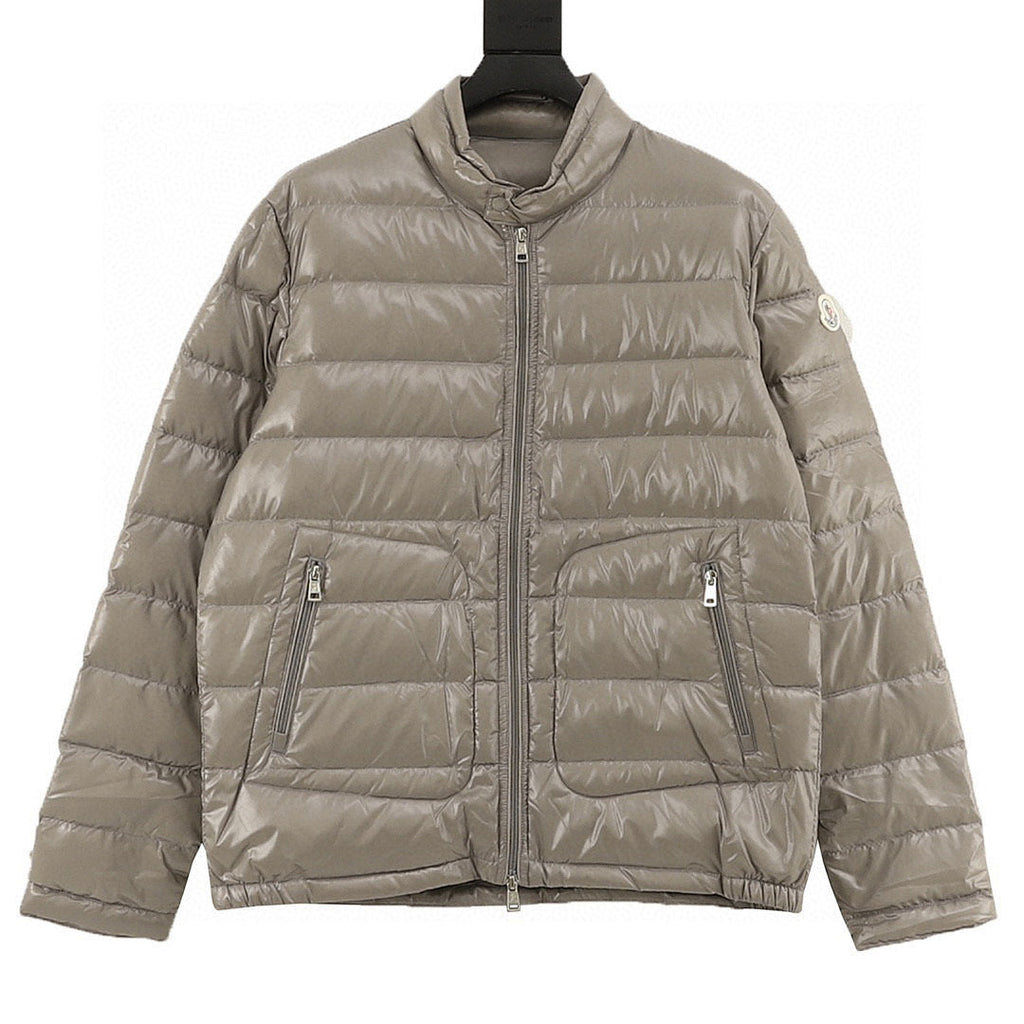 Moncler Glossy Stand-Collar Down Jacket - Taupe - front view