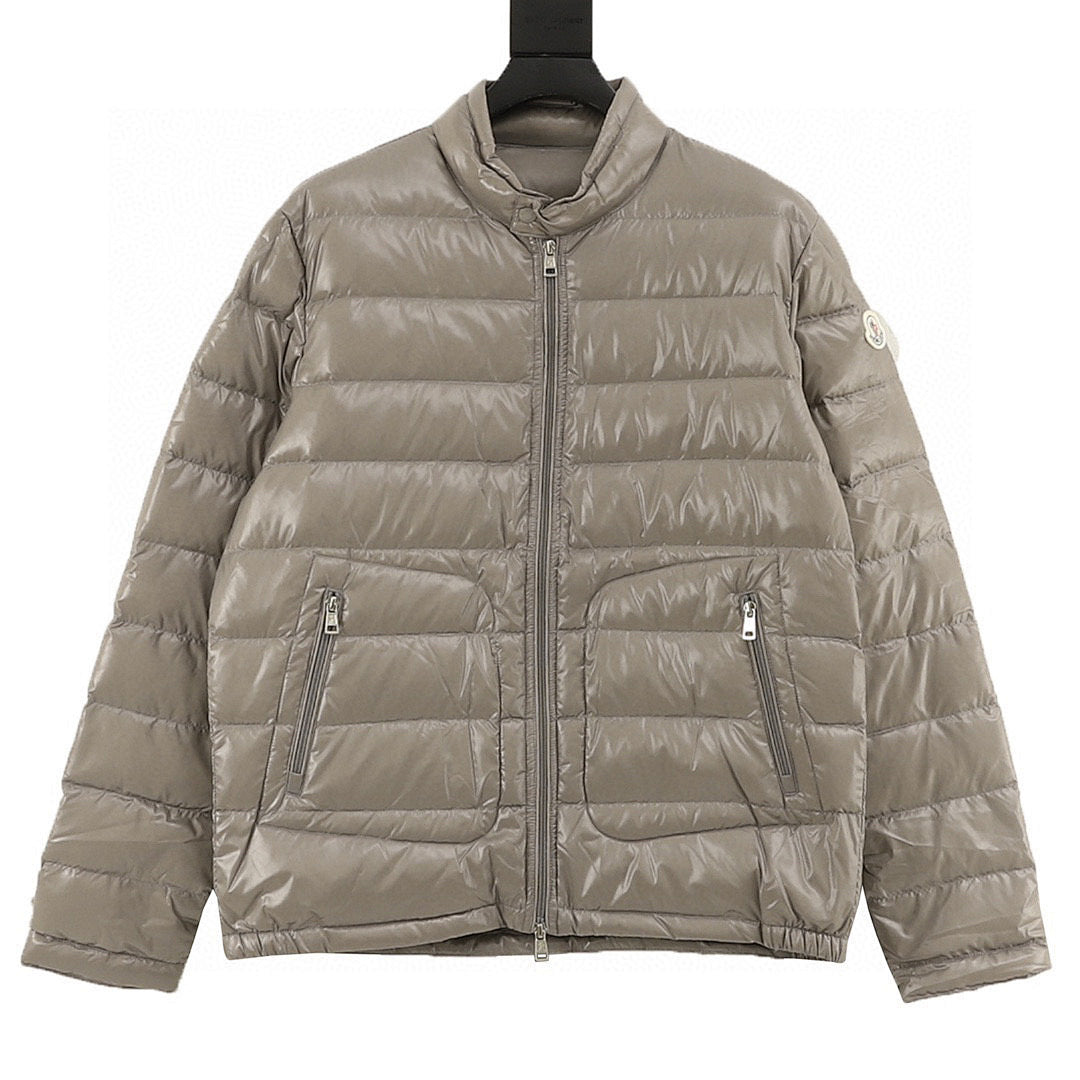 Moncler Glossy Stand-Collar Down Jacket - Taupe - front view