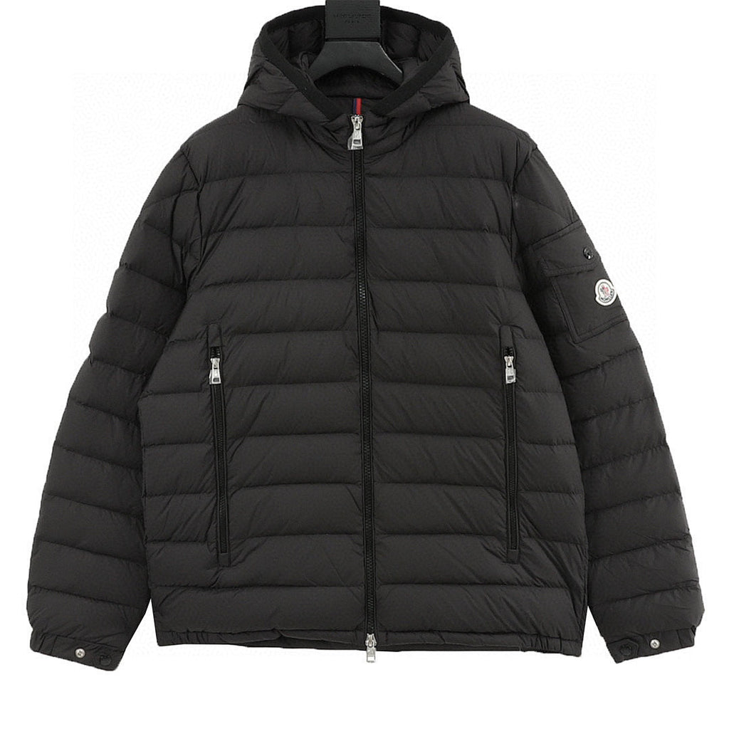 Moncler Lightweight Letter-Trim Hooded Down Jacket - Black - front view