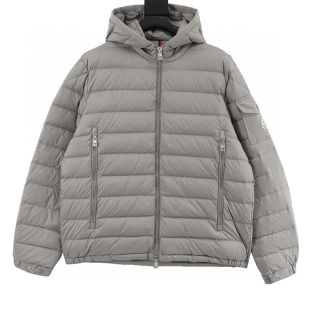 Moncler Lightweight Letter-Trim Hooded Down Jacket - Gray - front view