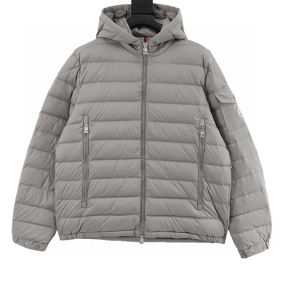 Moncler Lightweight Letter-Trim Hooded Down Jacket - Gray - front view