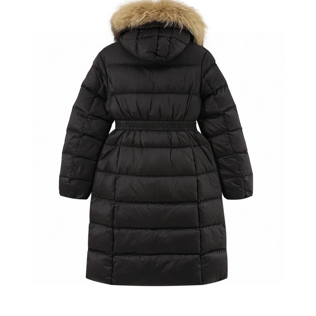 Moncler Hermifur Women's Belted Long Down Coat - Black with Tan Trim - back view