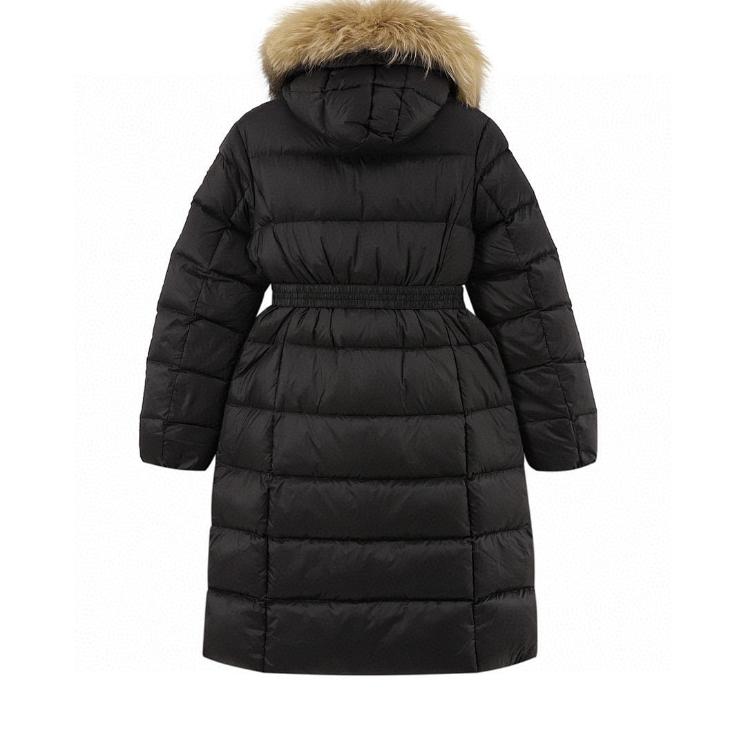 Moncler Hermifur Women's Belted Long Down Coat - Black with Tan Trim - back view