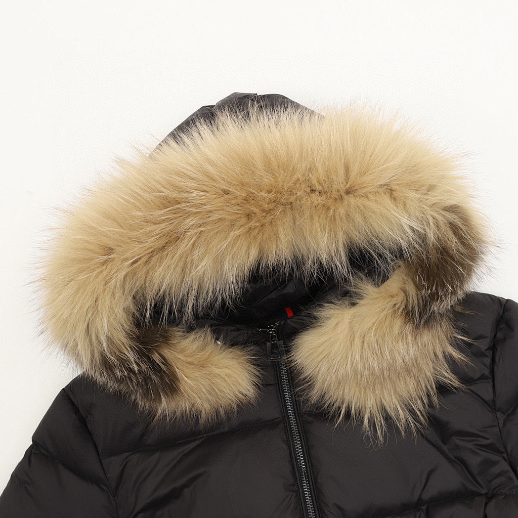 Moncler Hermifur Women's Belted Long Down Coat - Black with Tan Trim - detail 1