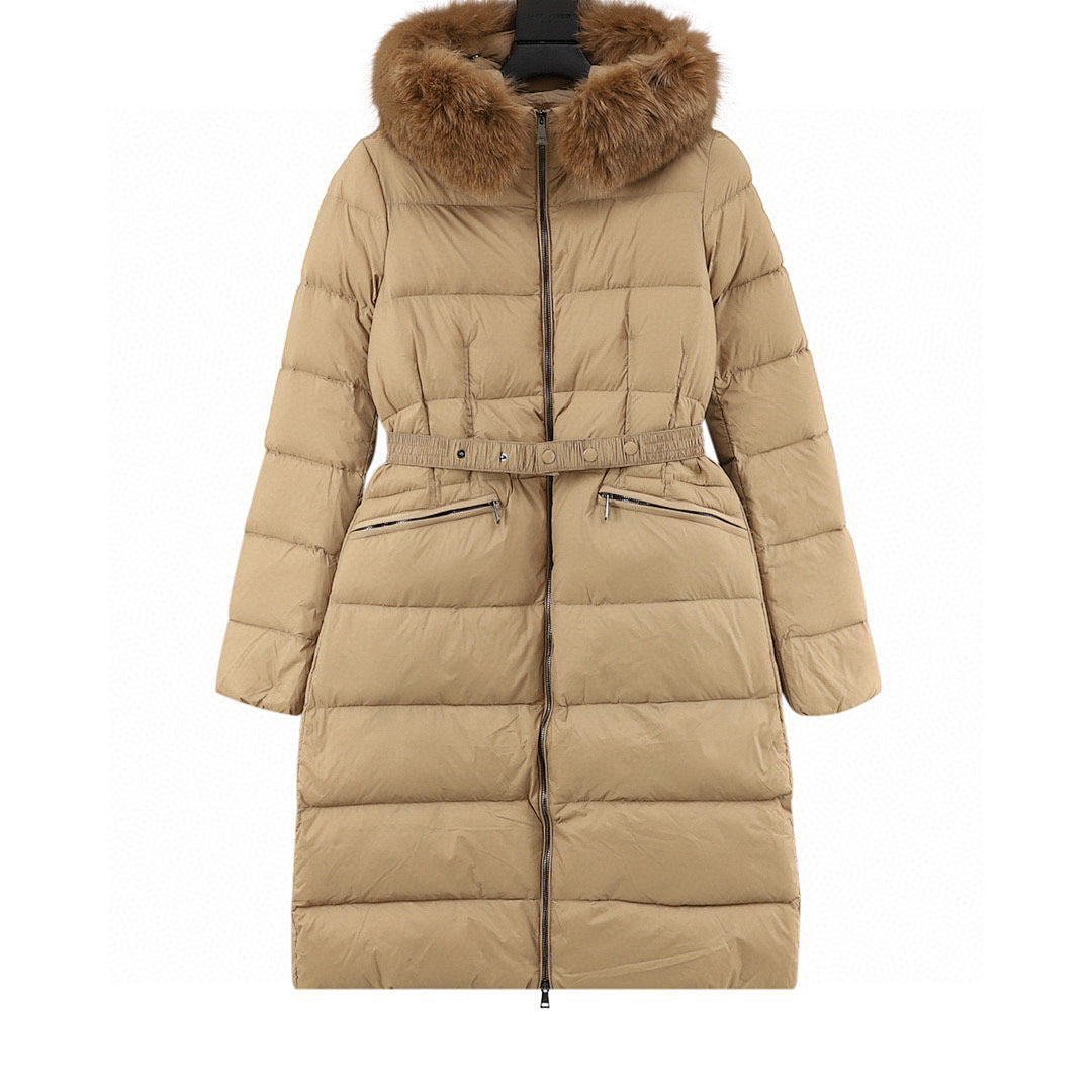 Moncler Hermifur Women's Belted Long Down Coat - Beige - front view