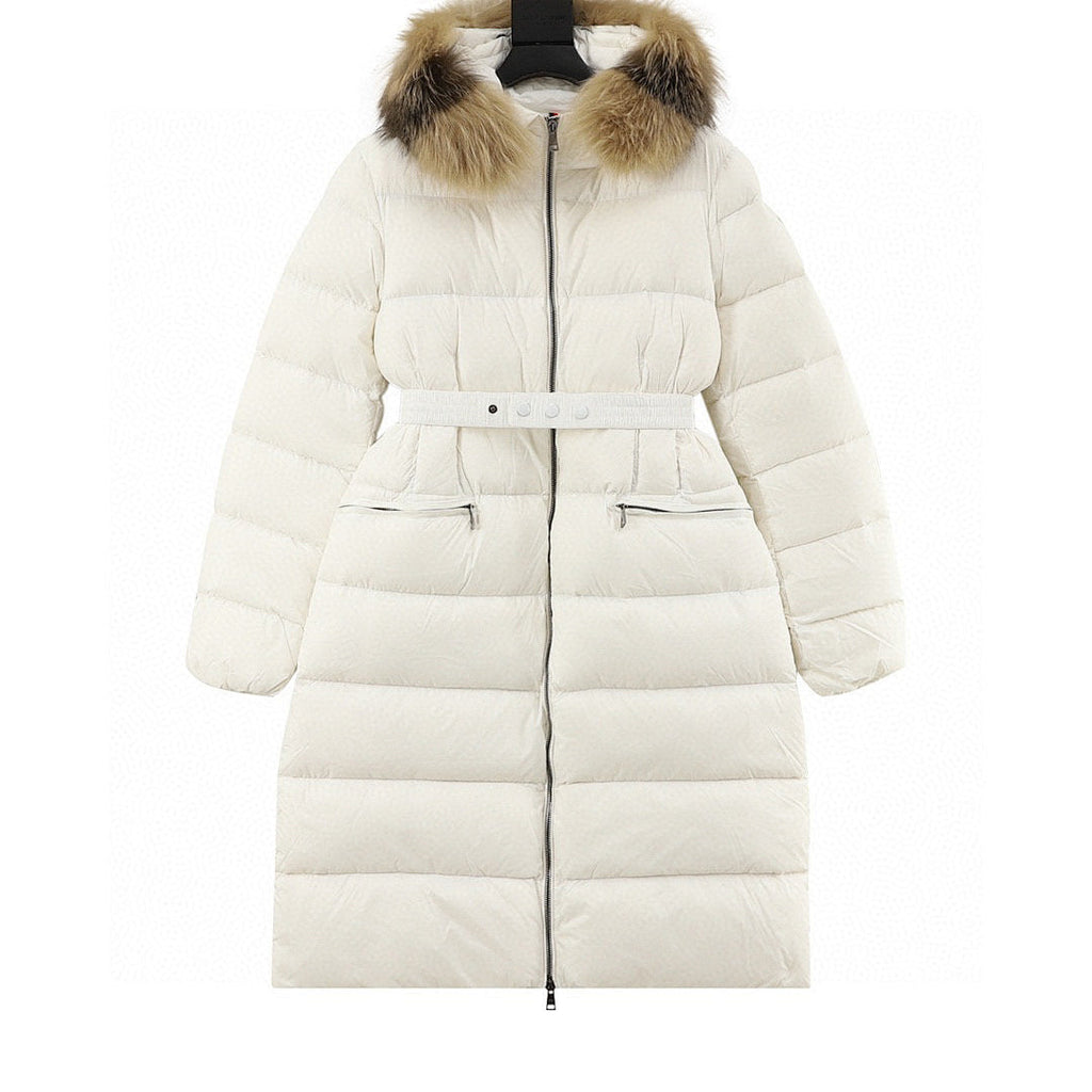 Moncler Hermifur Women's Belted Long Down Coat - Ivory - front view