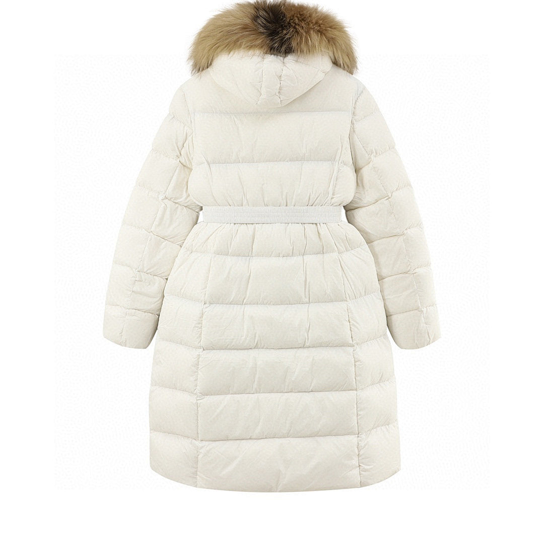 Moncler Hermifur Women's Belted Long Down Coat - Ivory - back view
