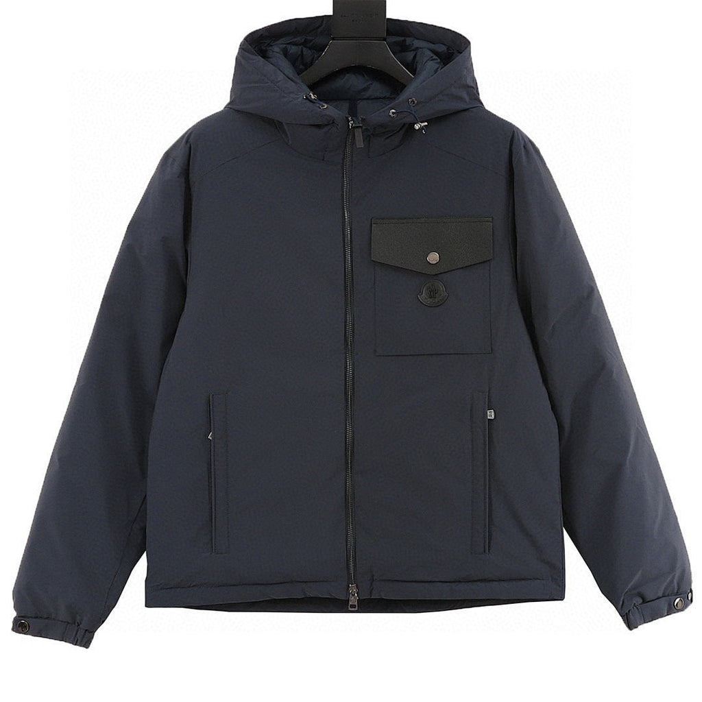 Moncler Chest-Pocket Hooded Down Jacket - Navy - front view
