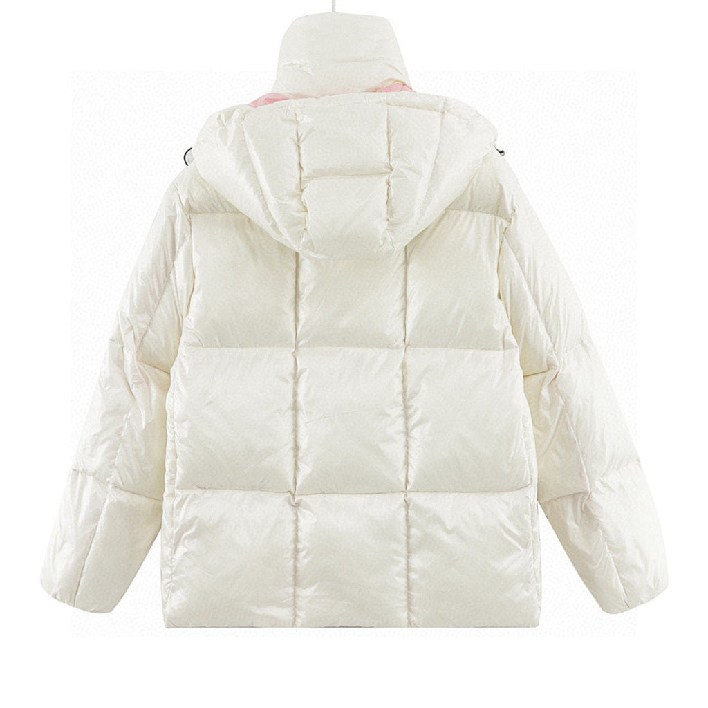 Moncler Contrast-Hood Down Jacket - Ivory and Pink - back view