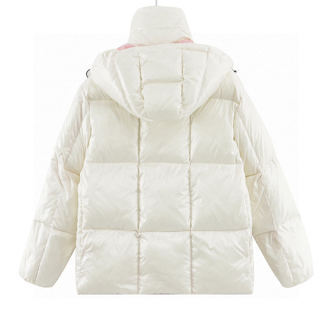 Moncler Contrast-Hood Down Jacket - Ivory and Pink - back view