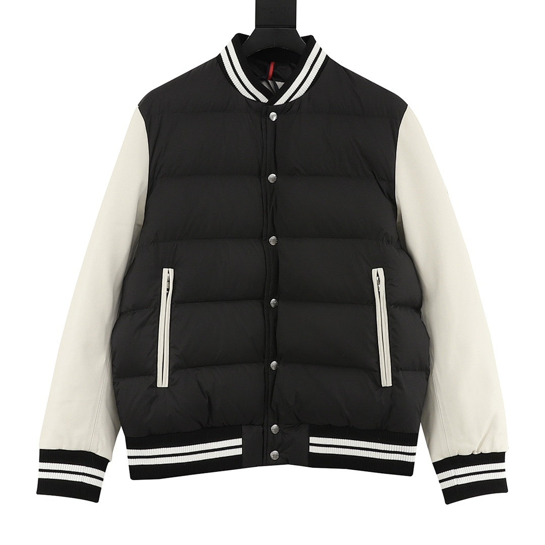 Moncler Contrast-Sleeve Varsity Down Jacket - Black and Ivory - front view