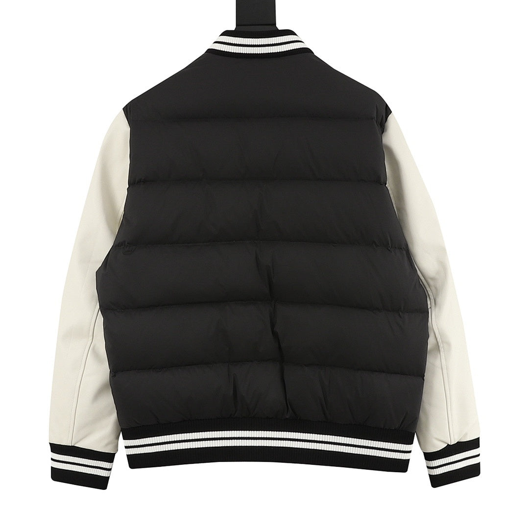 Moncler Contrast-Sleeve Varsity Down Jacket - Black and Ivory - back view