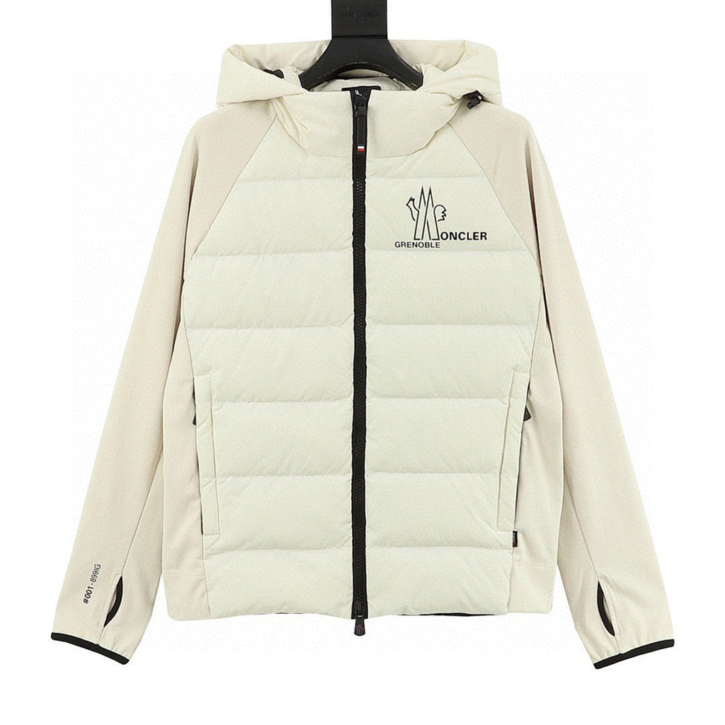 Moncler Contrast-Sleeve Hooded Down Jacket - Ivory - front view