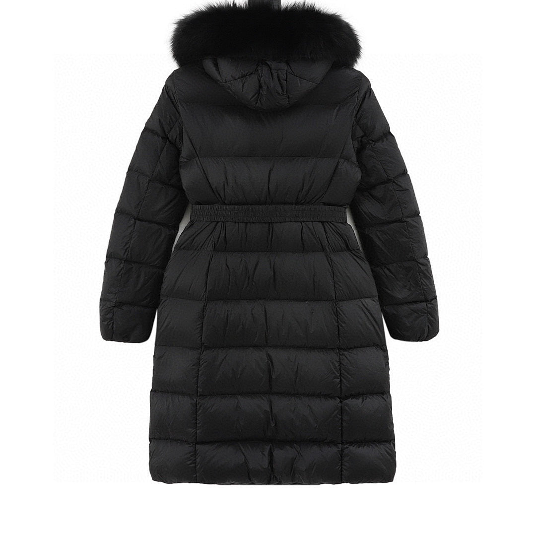 Moncler Hermifur Belted Long Down Coat - Women's Black - back view