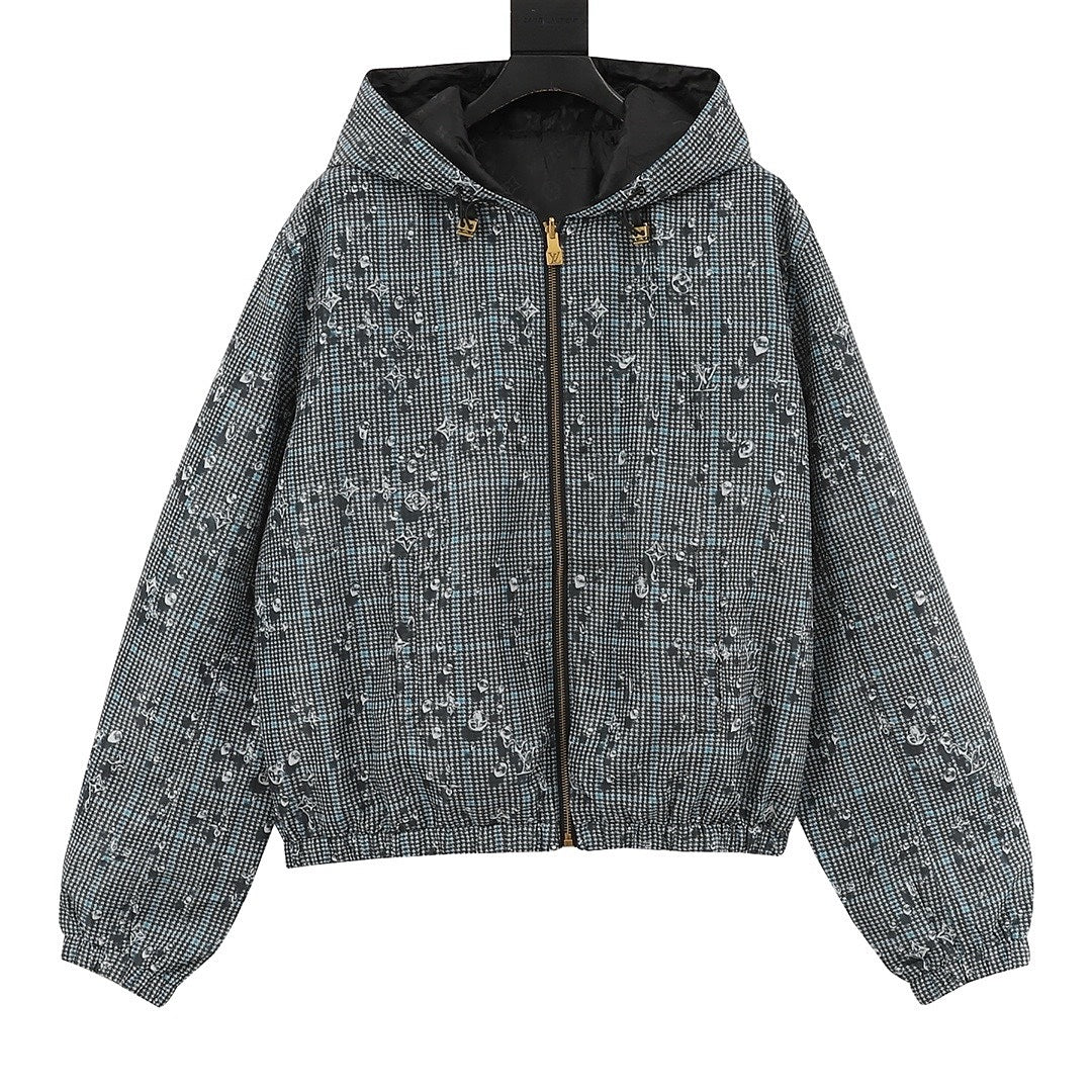 Louis Vuitton Men's Reversible Check Hooded Jacket - Blue Grey: Blue-grey check side, front view on a white background